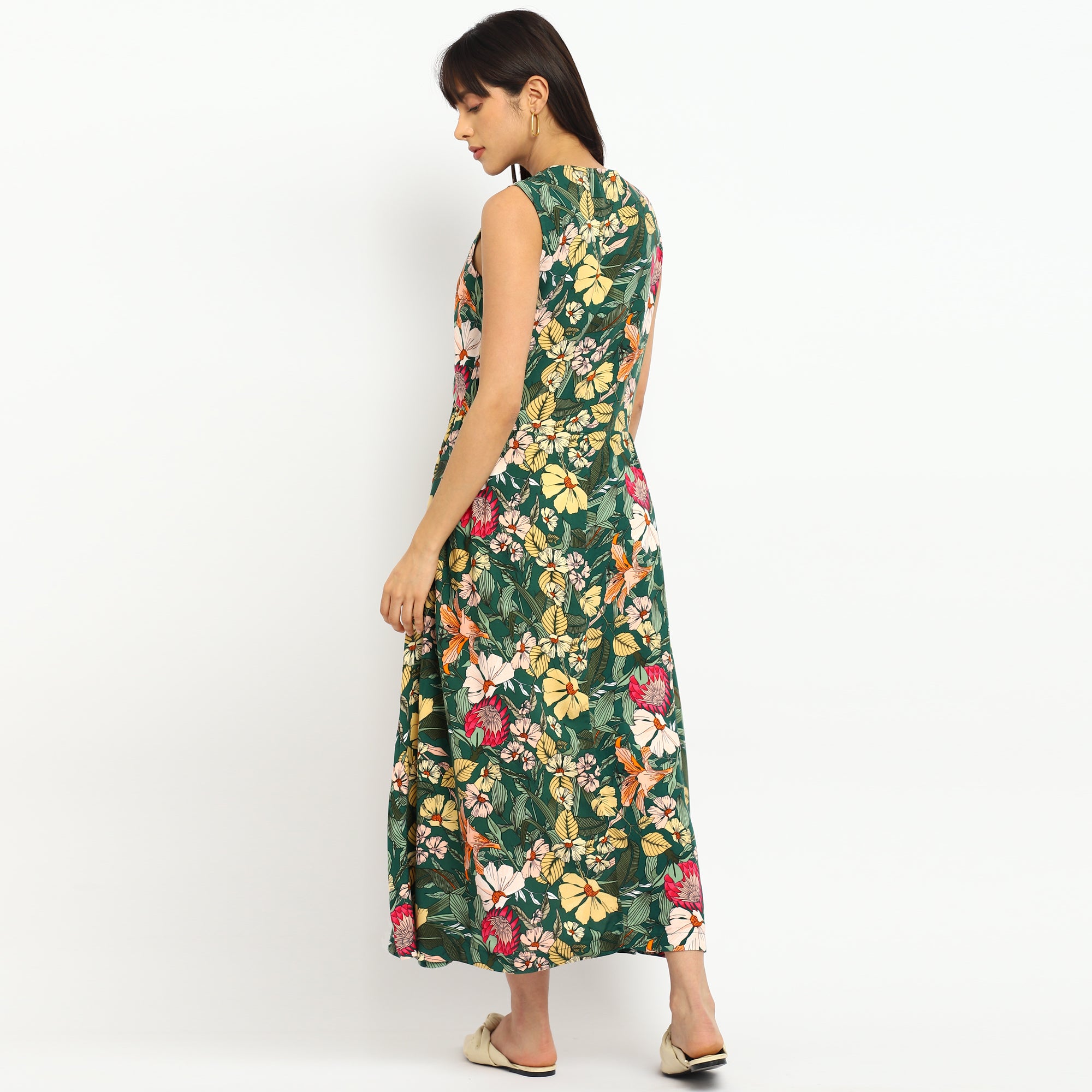 Tropical Green Floral Sleeveless Midi Dress